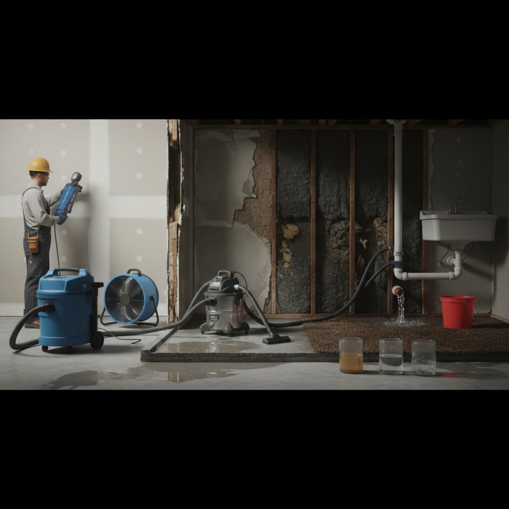 Water damage restoration technician using professional moisture detection equipment