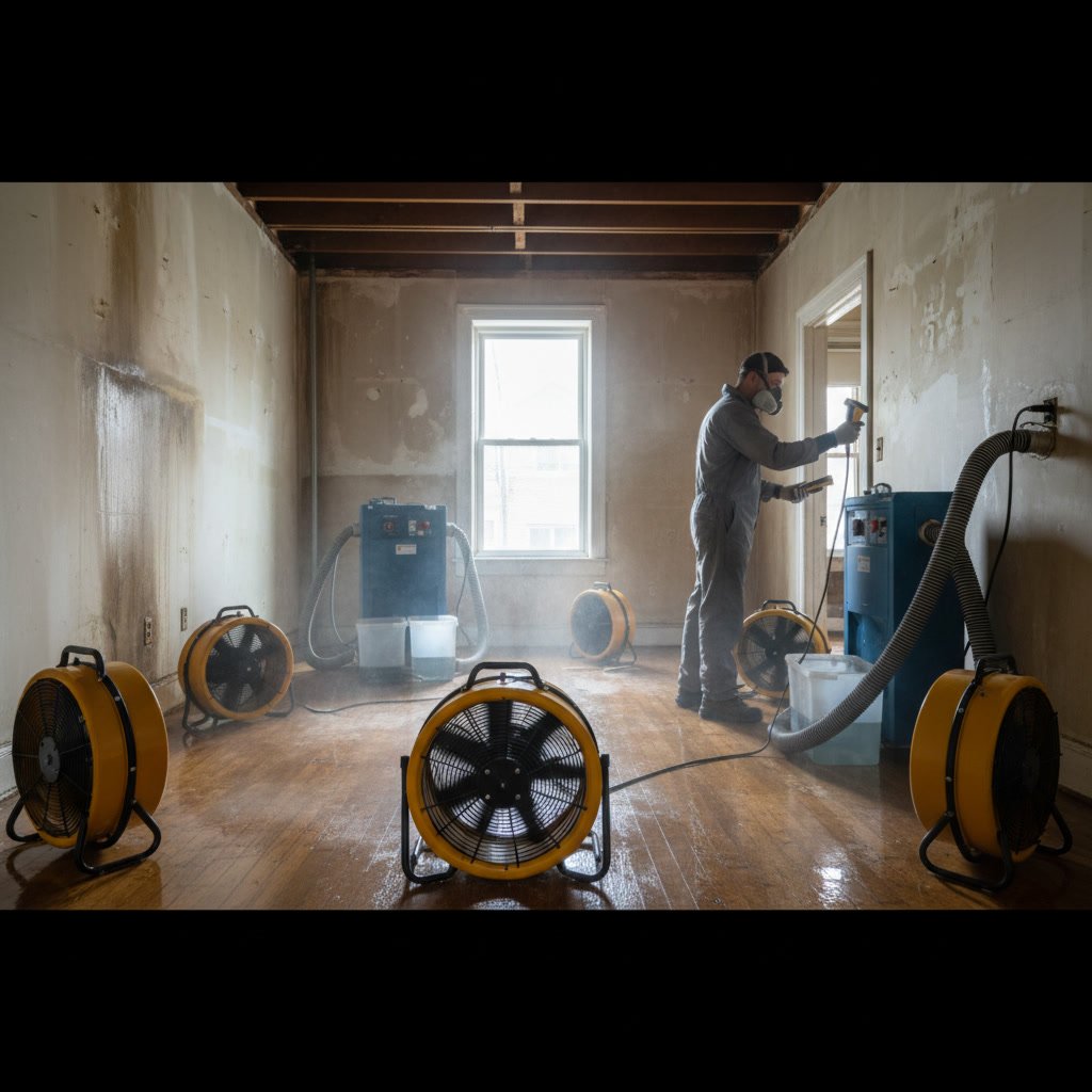 Professional water extraction equipment and air movers in Philadelphia property