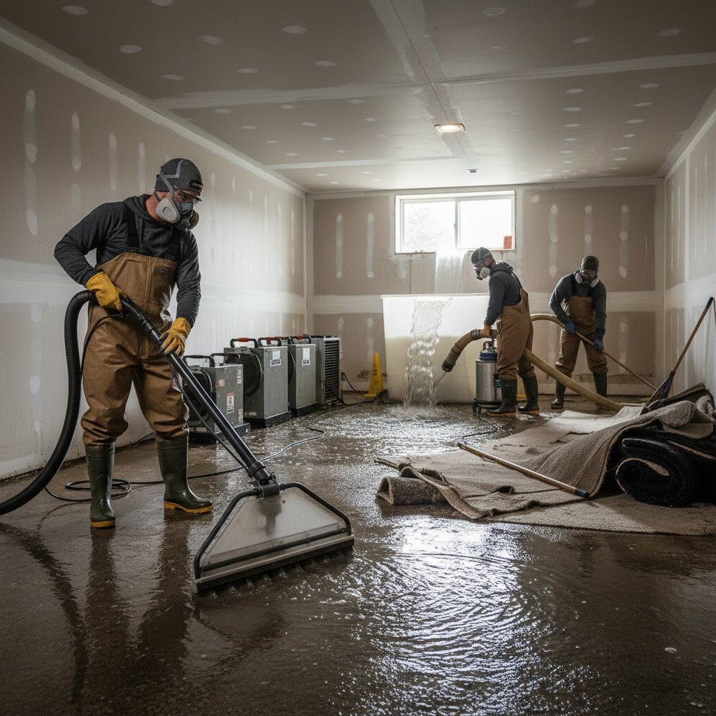 Professional air movers and dehumidifiers drying water damaged room