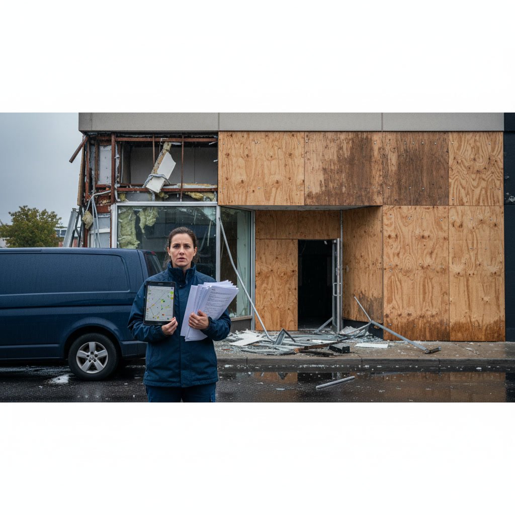 Emergency board up securing commercial property after fire damage