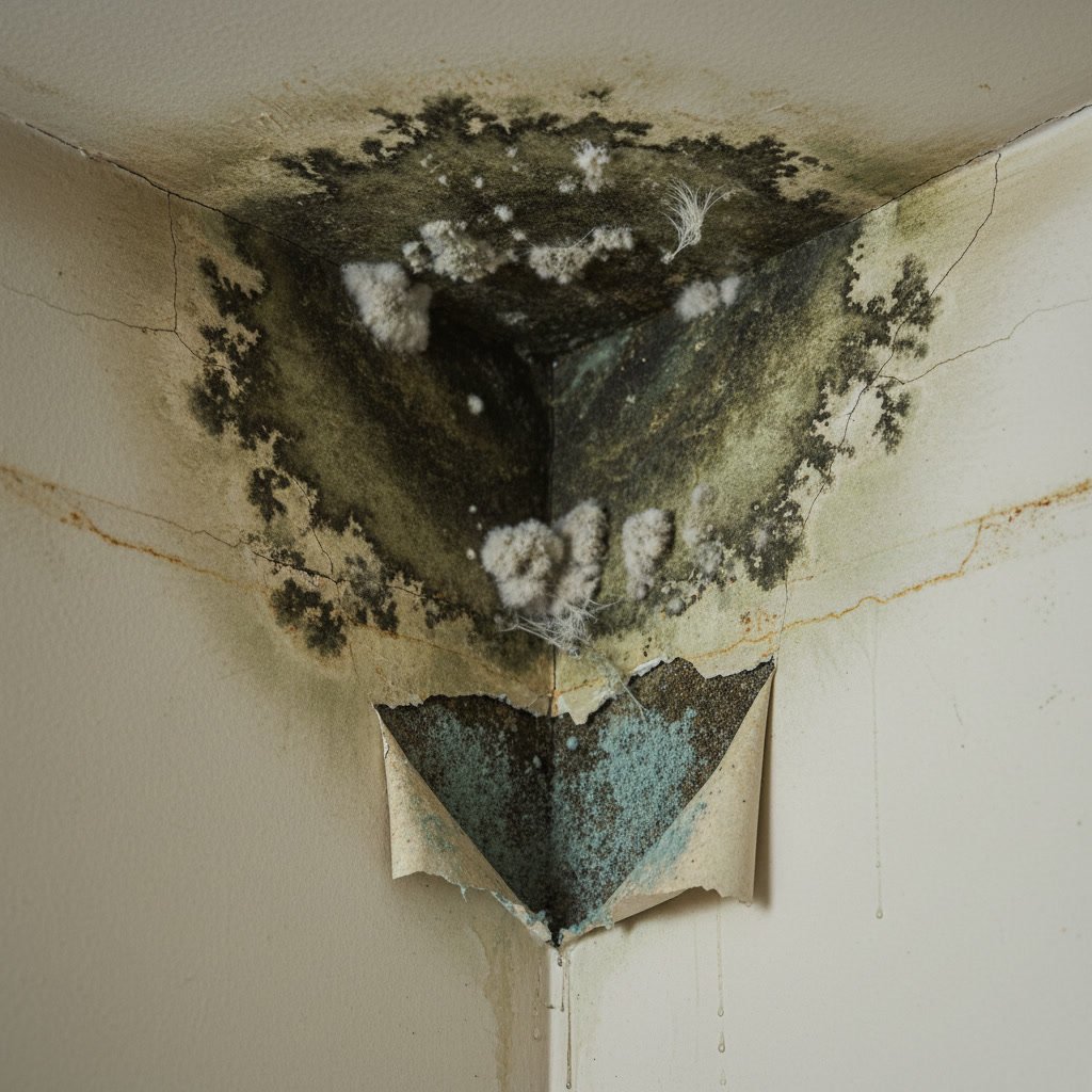 Early stage mold growth in ceiling corner from hidden moisture accumulation