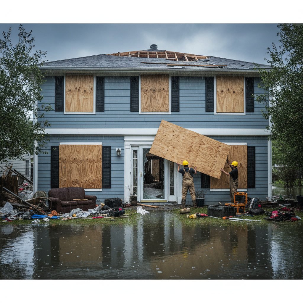 Emergency board up services securing damaged property exterior
