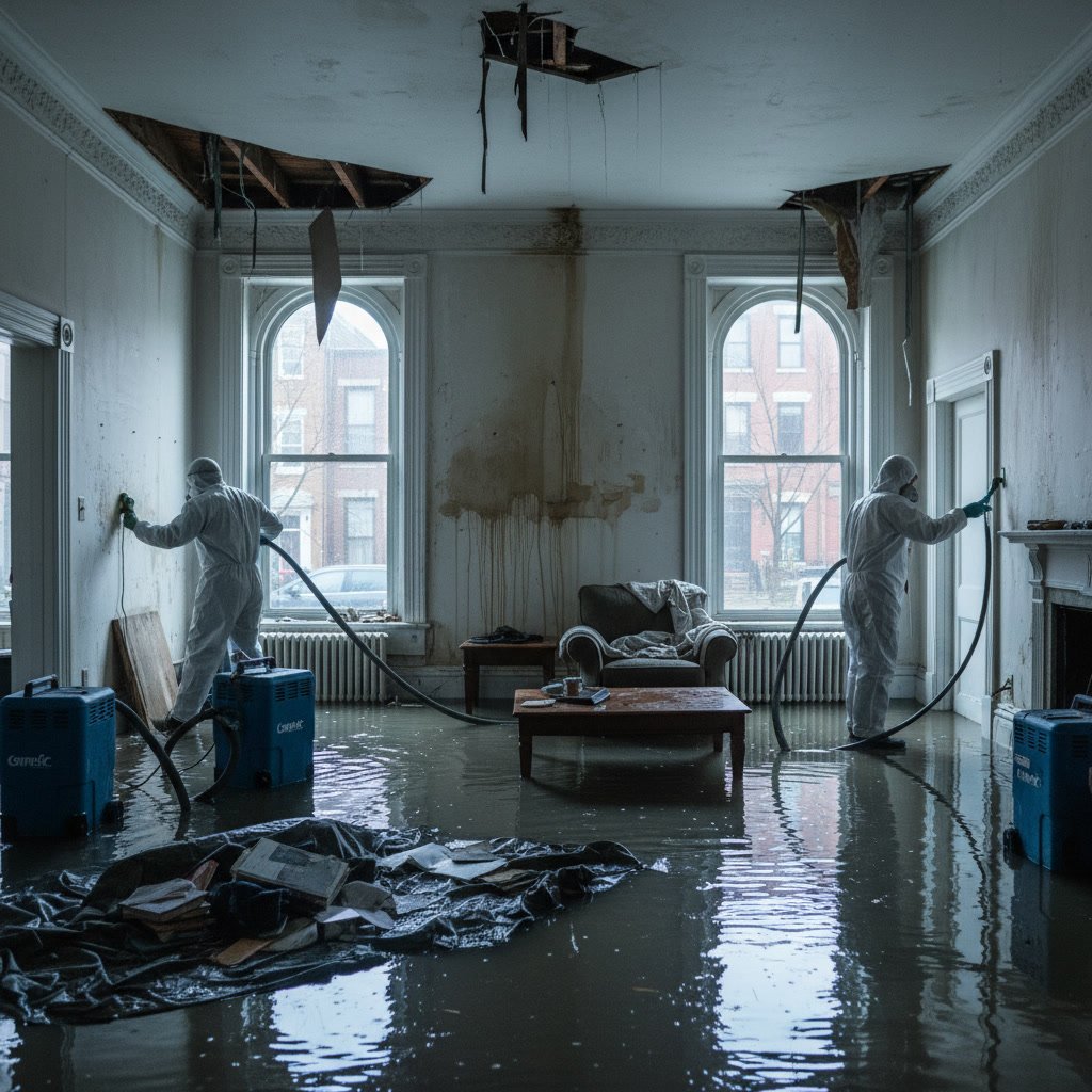 Water damage restoration professional inspecting flooded Philadelphia home interior