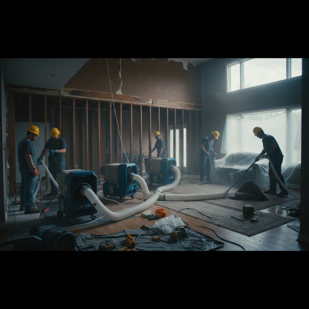 Professional water damage restoration team working in flooded residential property