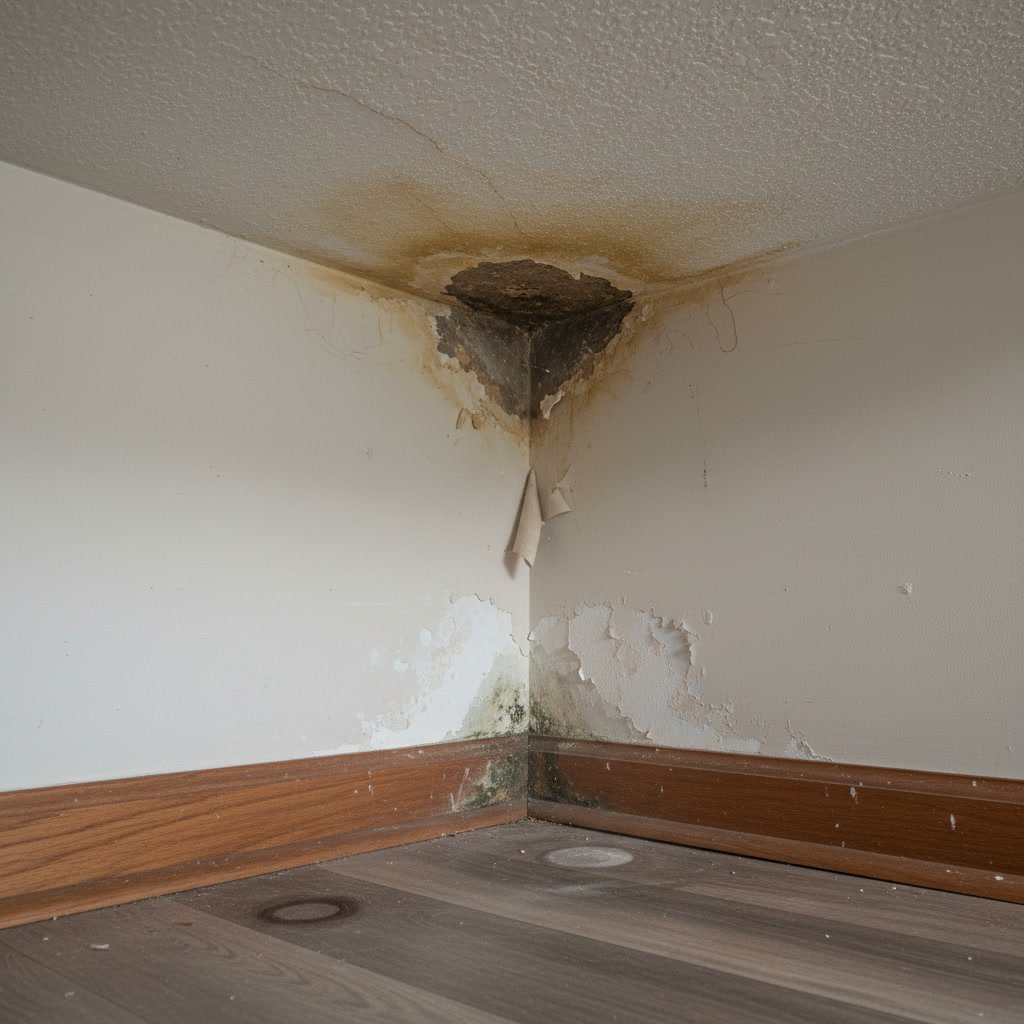 Professional restoration technician inspecting wall for hidden water damage with moisture meter