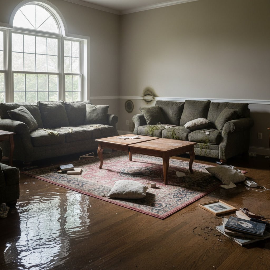 Standing water pooling on hardwood floor showing emergency water extraction signs
