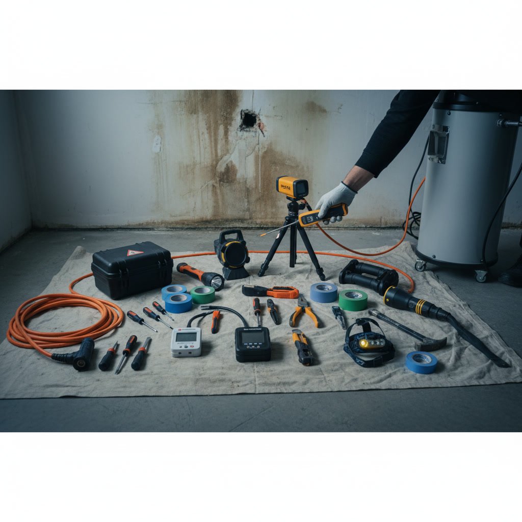 Restoration professional using moisture meter during water damage inspection