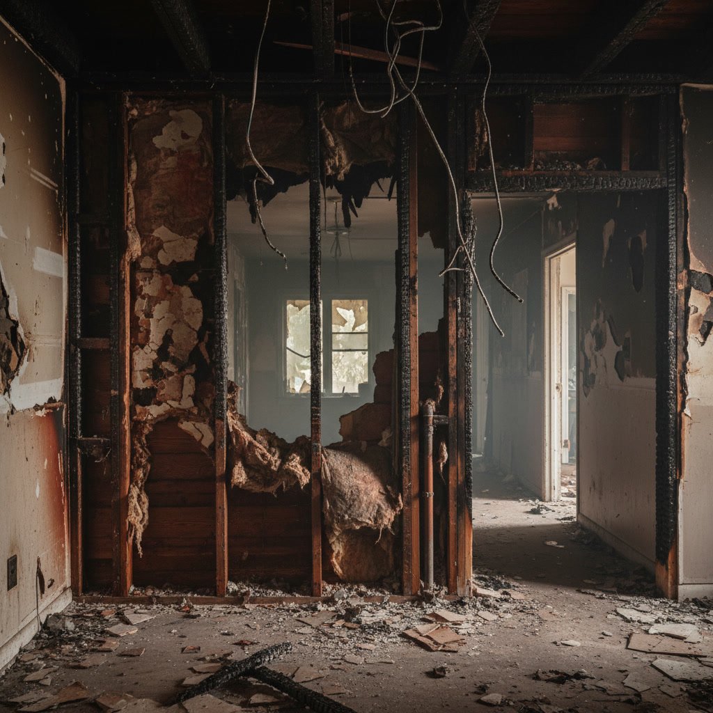 Fire damaged wall framing exposed during reconstruction assessment
