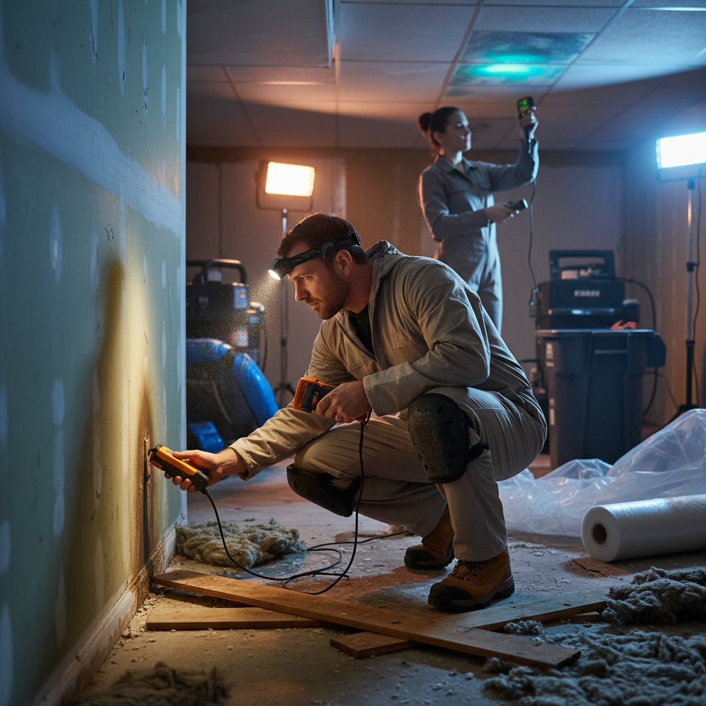 Restoration professional conducting thorough water damage inspection with equipment