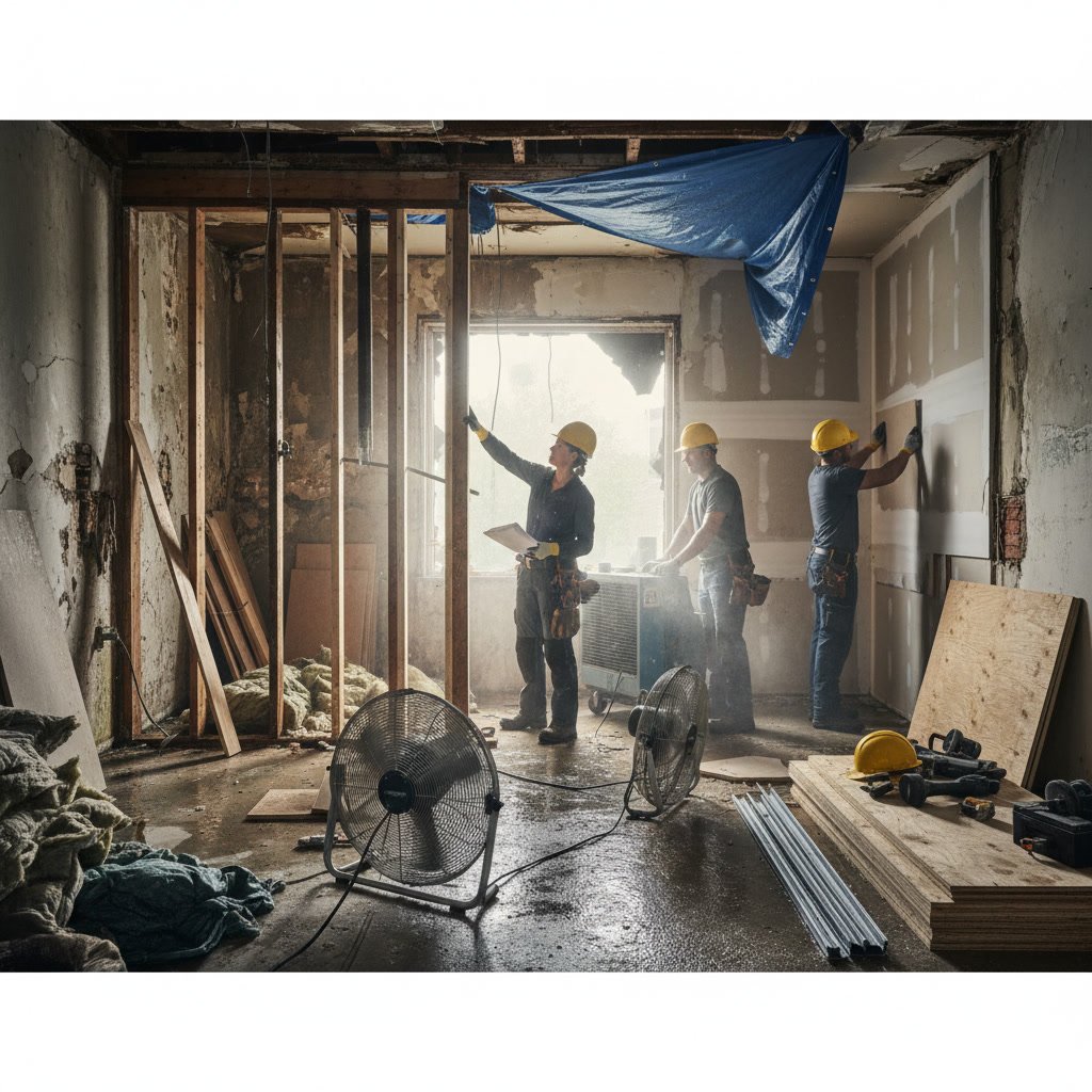 Professional restoration reconstruction team assessing severe property damage