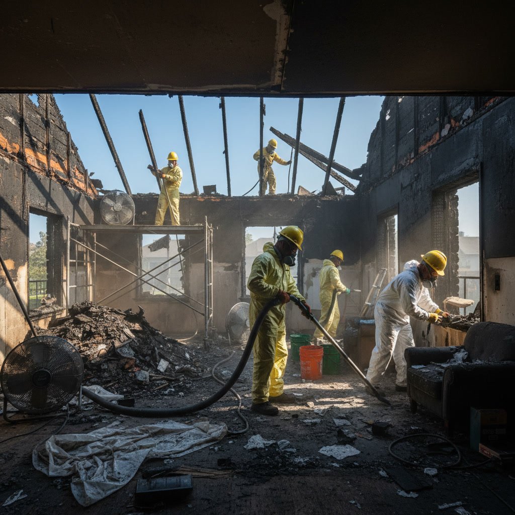 Fire damaged property interior showing restoration assessment